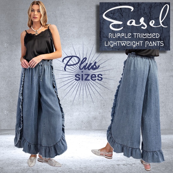 EASEL Raw Ruffle Trim Lightweight Pants Elastic & Drawstring Waist & Scooped Hem - Picture 1 of 16